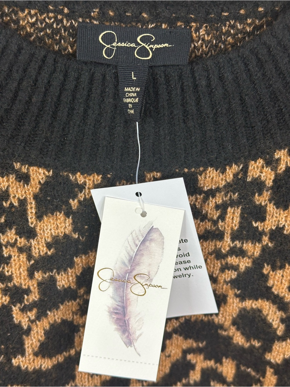 Jessica Simpson Black and Brown Leopard Print Crewneck Sweater, size Large, NWT - Picture 2 of 4